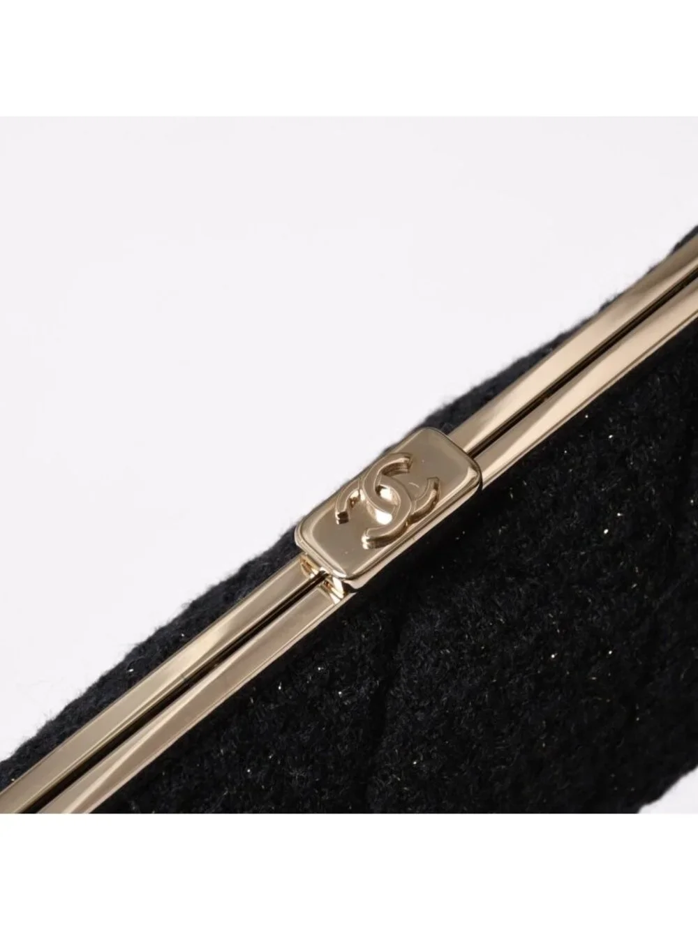Chanel Clutch Pouch CC Logo Tweed Kiss Lock Black Gold